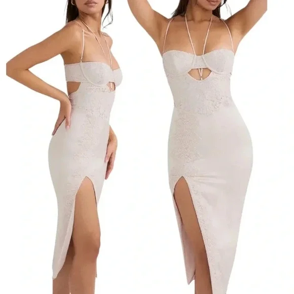 House of CB Lace Cutout Body Con Dress in Crystal Pale Pink Size S NWT - Picture 5 of 15